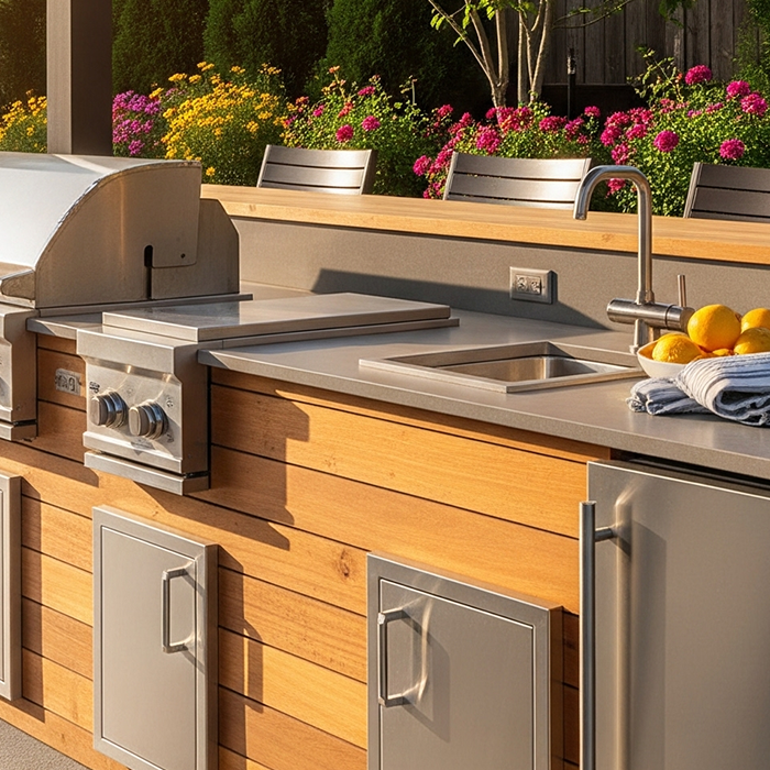 outdoor kitchen with a fridge beside