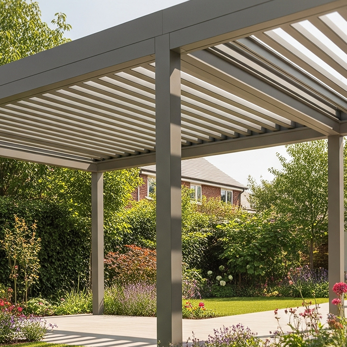 Beige coloured pergola with open slatted roof