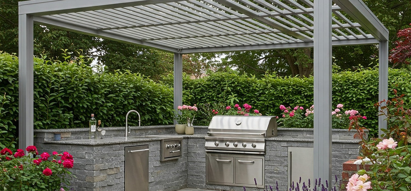 Aluminium Louvered Pergola over a built in outdoor kitchen