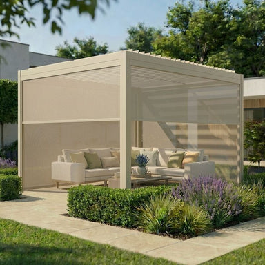 Beige pergola with outdoor furniture and plants in a garden setting