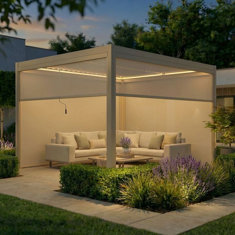 Outdoor patio with pergola, sofa, and garden lights