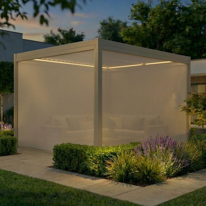 Modern outdoor gazebo with lighting in a garden setting
