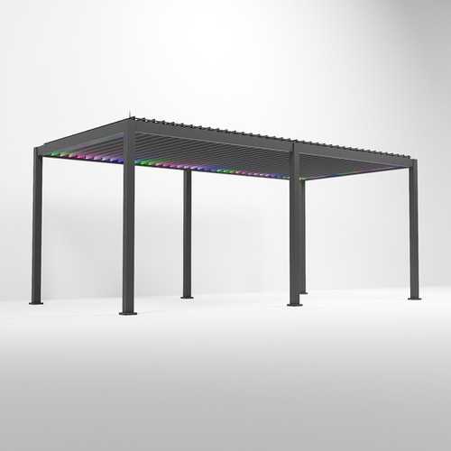 6 x 3m Aluminium Pergola with a white background, possibly LED Lights shining through