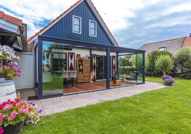 Bosco Lean To Veranda, Glass Doors which are open and slid across