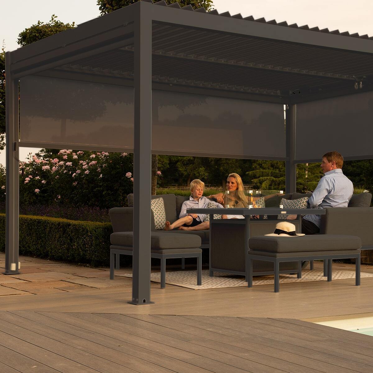 Maze Como -Aluminium Garden Pergola with 3 Drop Sides & 4m Louvre Wall - Grey