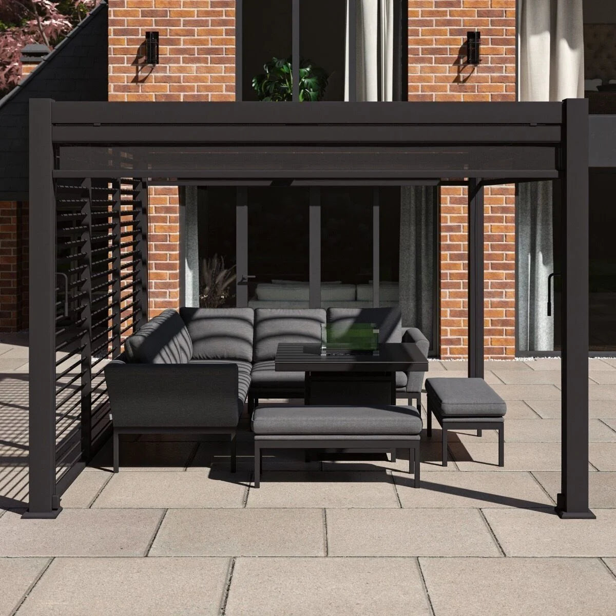 Maze Como -Aluminium Garden Pergola with 3 Drop Sides & 4m Louvre Wall - Grey