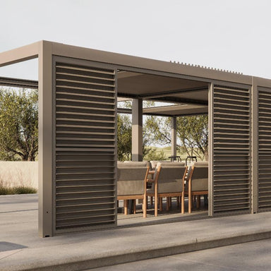 Luxe Pergola Camel Sand Colour-with Sliding Louvre Panel Doors