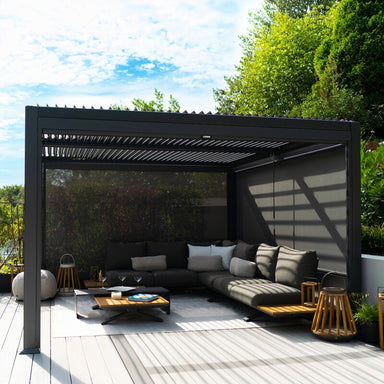 Suns Lifestyle Maranza 4 x 4m with drop sides down for privacy and outdoor furniture underneath