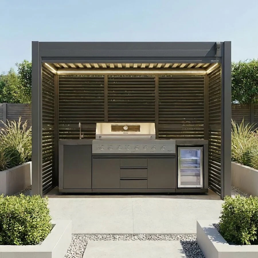 Maze Como Aluminium BBQ Shelter at Back Panels and LEDS in Daytime