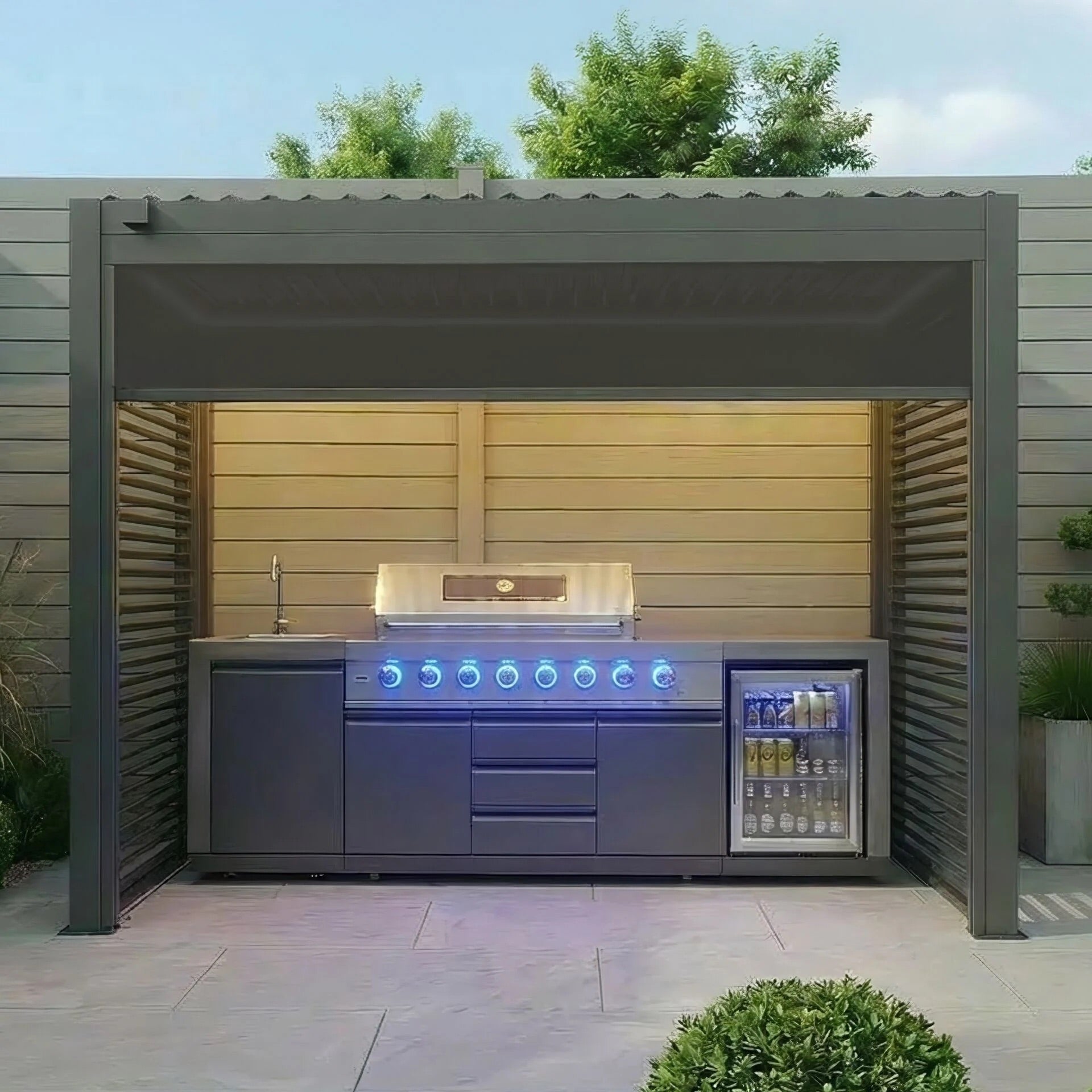 Maze Como Aluminium BBQ Shelter Without Enclosed Back Panels and Privacy Screen Pulled Down