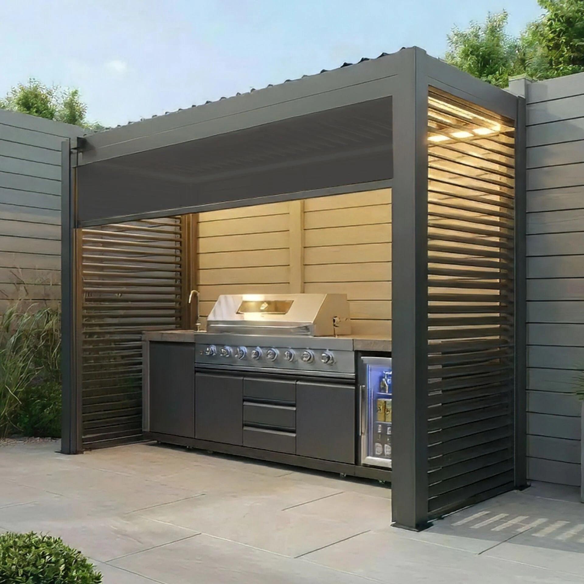 Maze Como Aluminium BBQ Shelter with Privacy Screen Pulled Down and LEDs on