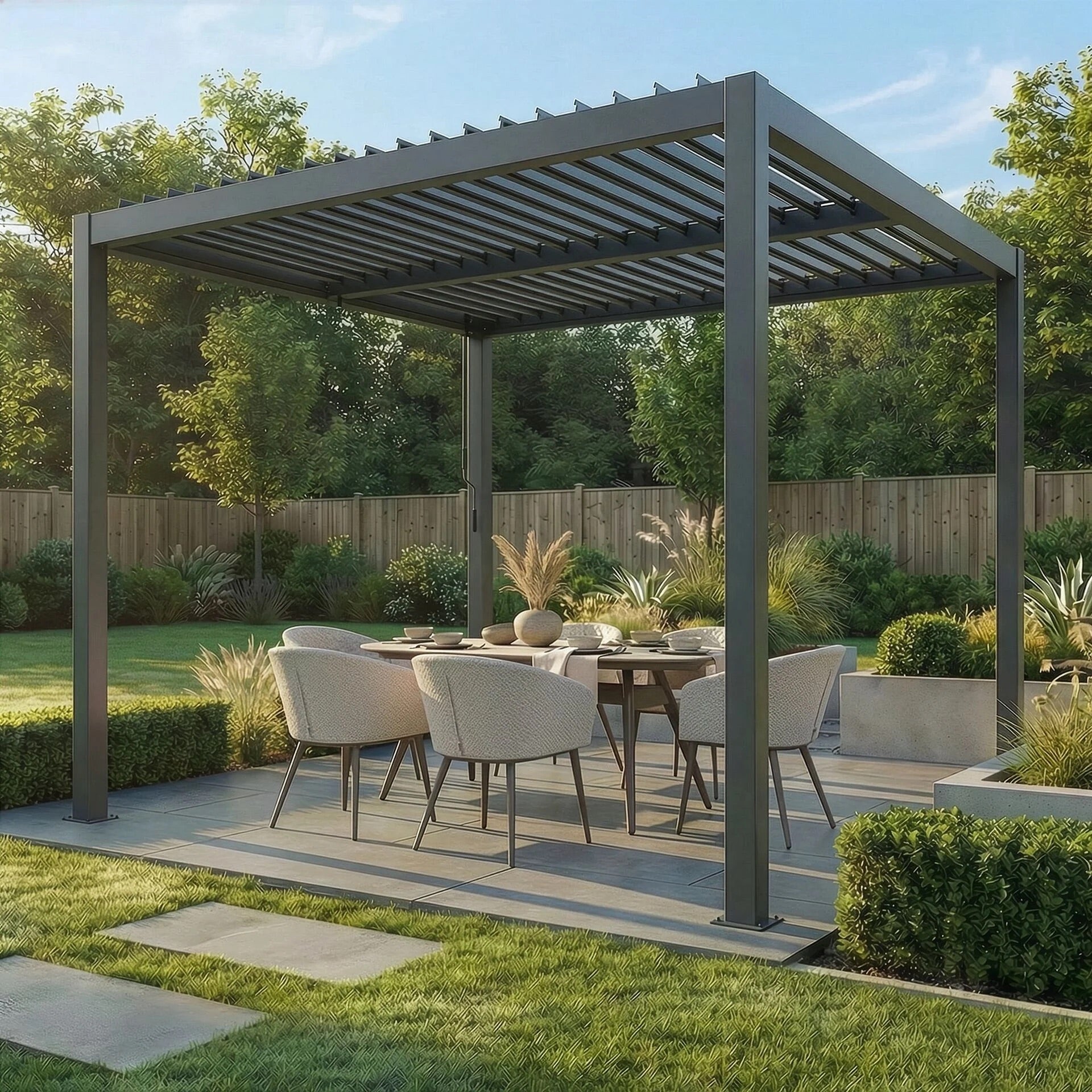Maze Como 3 x 3m Grey front angle view with dining set in summer