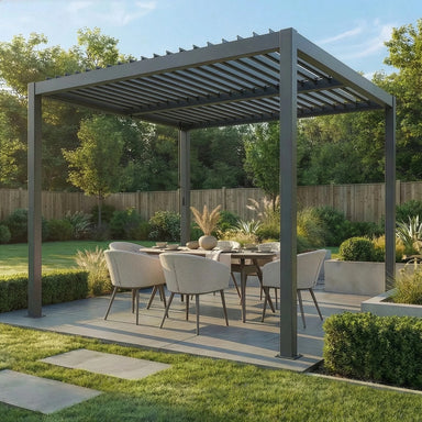 Maze Como 3 x 3m Grey front angle view with dining set in summer