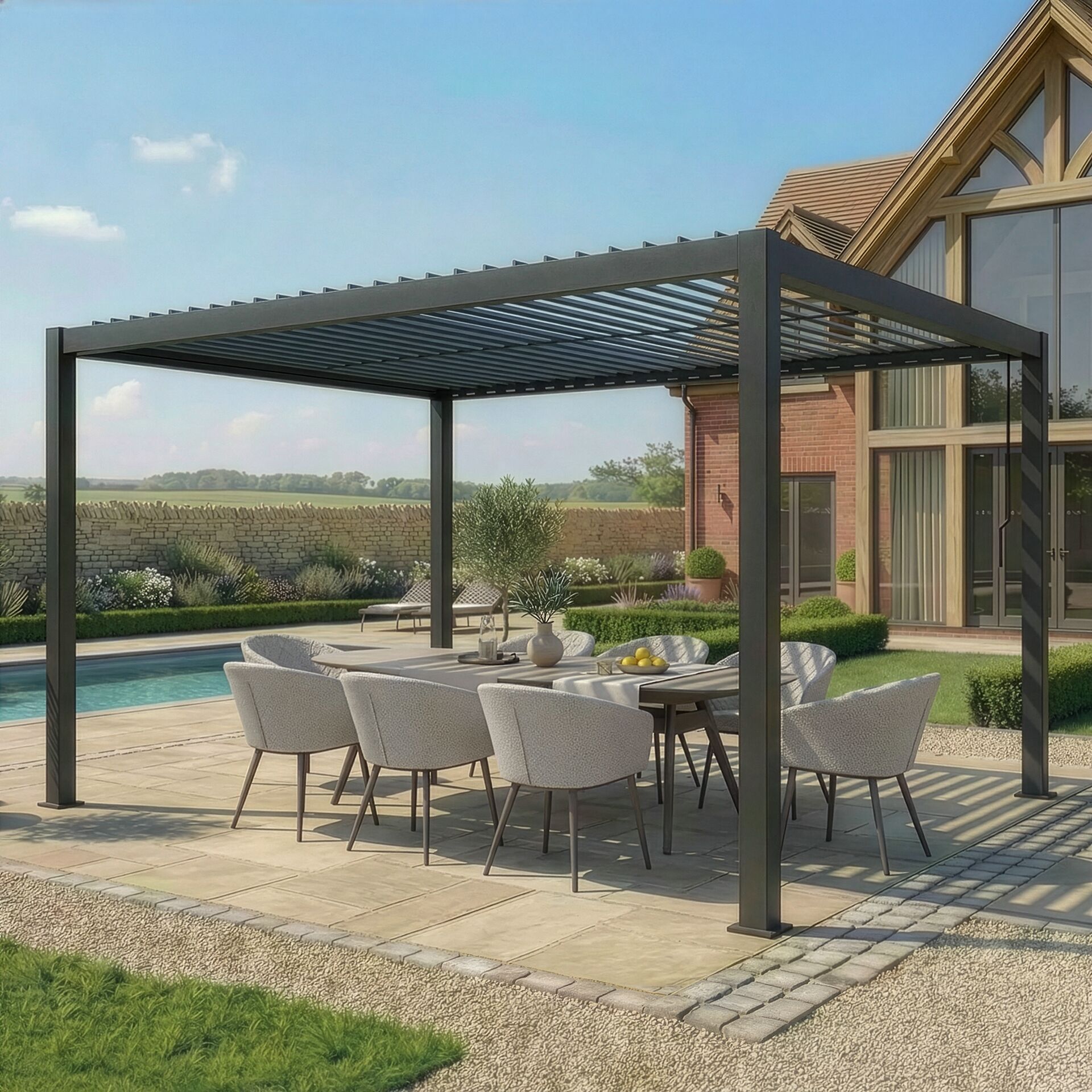Maze Como 4 x 3m Grey front angle view in day time with dining set