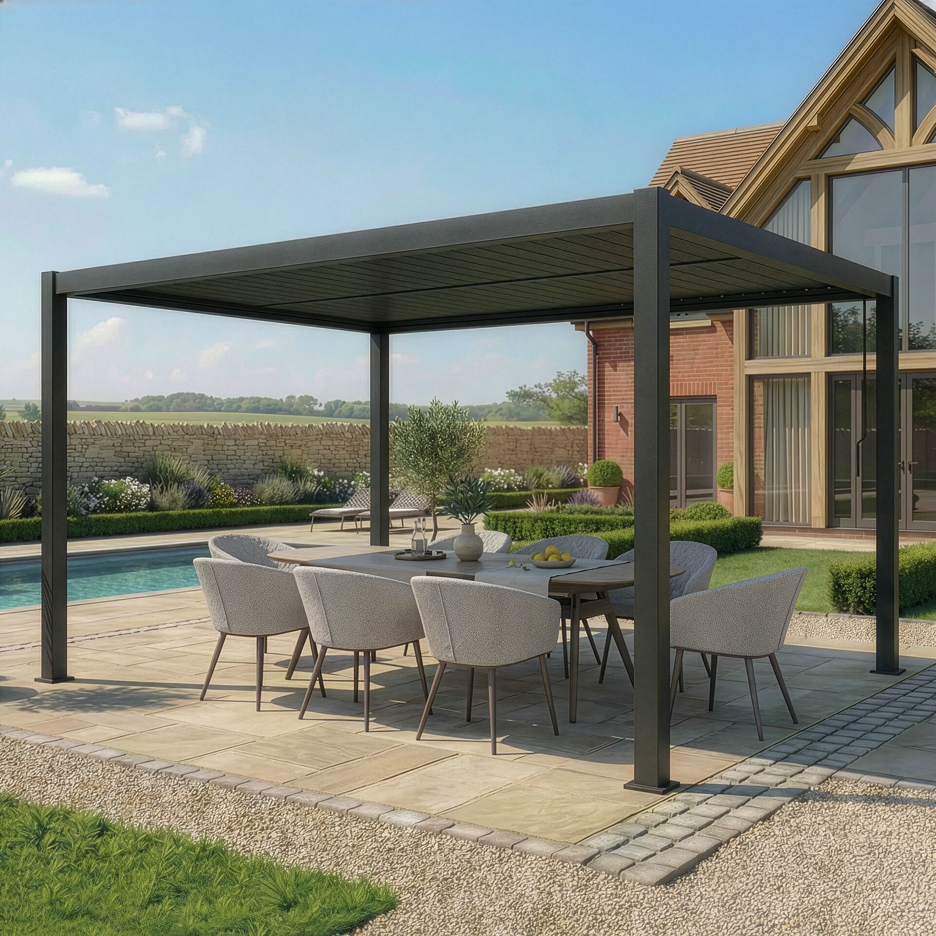 Maze Como 4 x 3m Grey front angle view with closed roof louvres