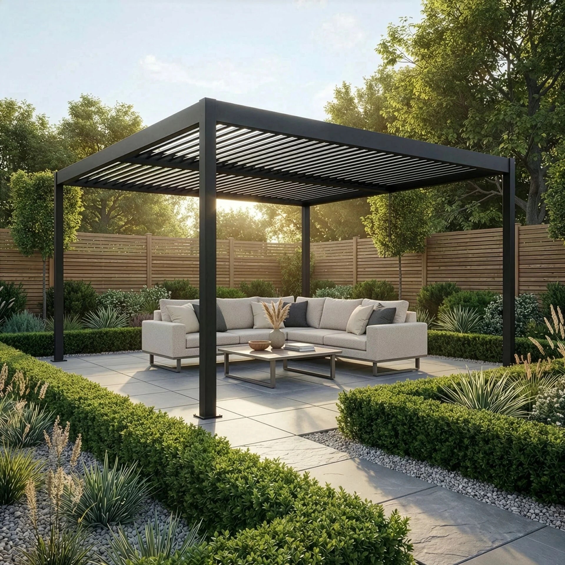 Maze Como 4 x 4m Grey front angle view at day time with lounge set