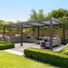 Maze Como 7.8 x 3.6m Grey front angle view in summer with outdoor kitchen and lounge set