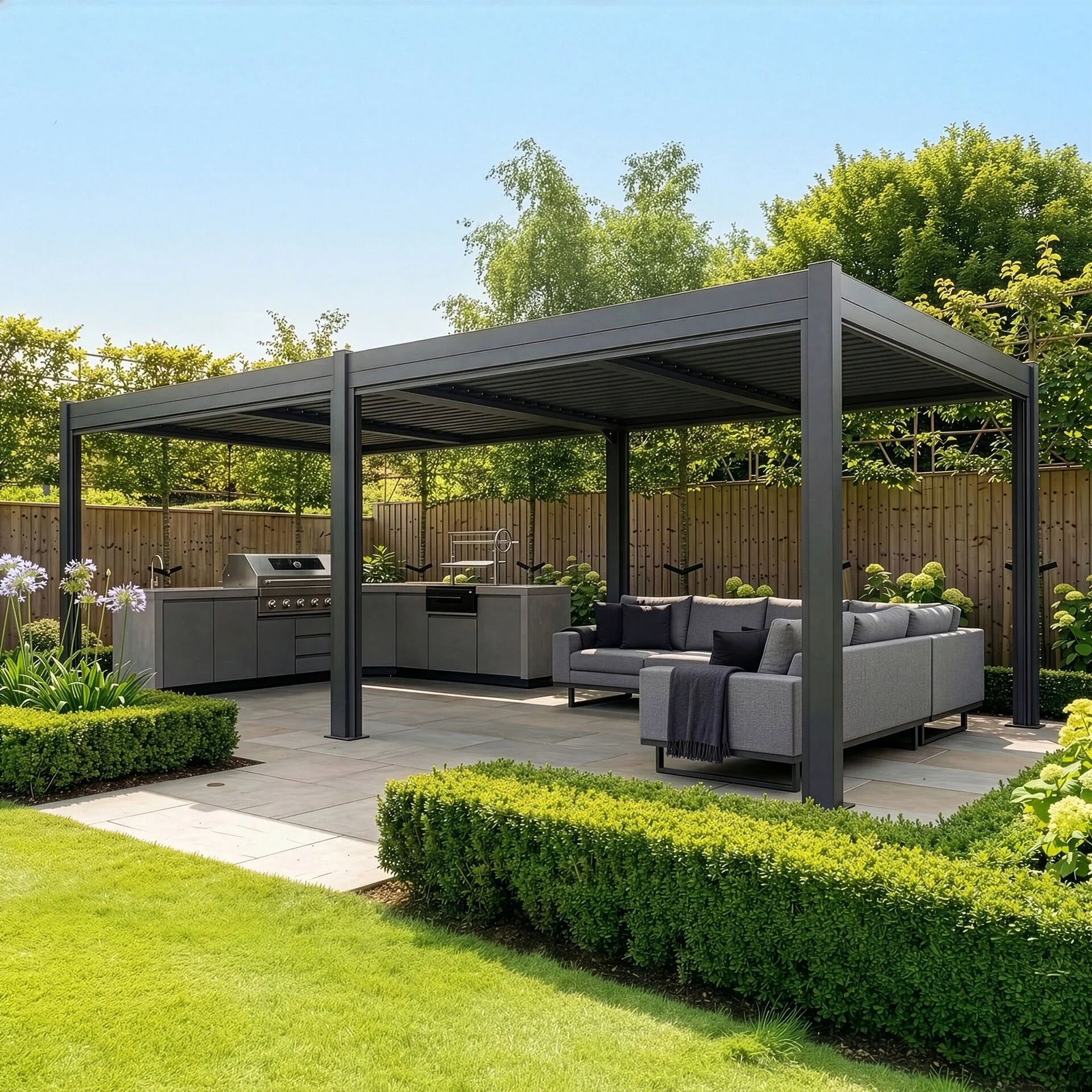 Maze Como 7.8 x 3.6m Grey front angle view in summer with closed roof louvres