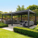 Maze Como 7.8 x 3.6m Grey front angle view in summer with closed roof louvres