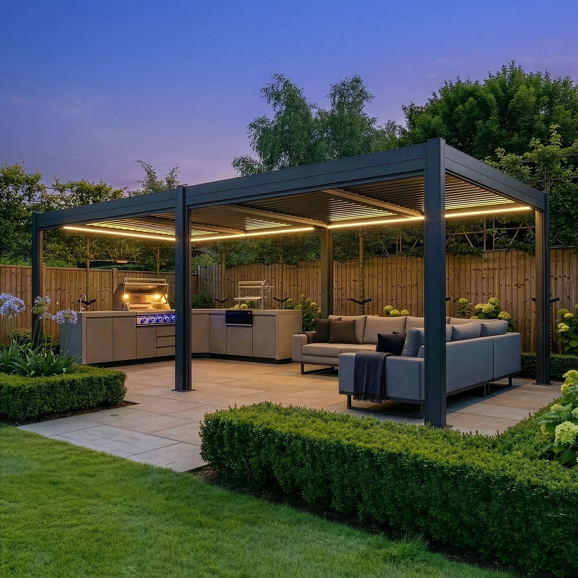 Maze Como 7.8 x 3.6m Grey front angle view with LED lighting