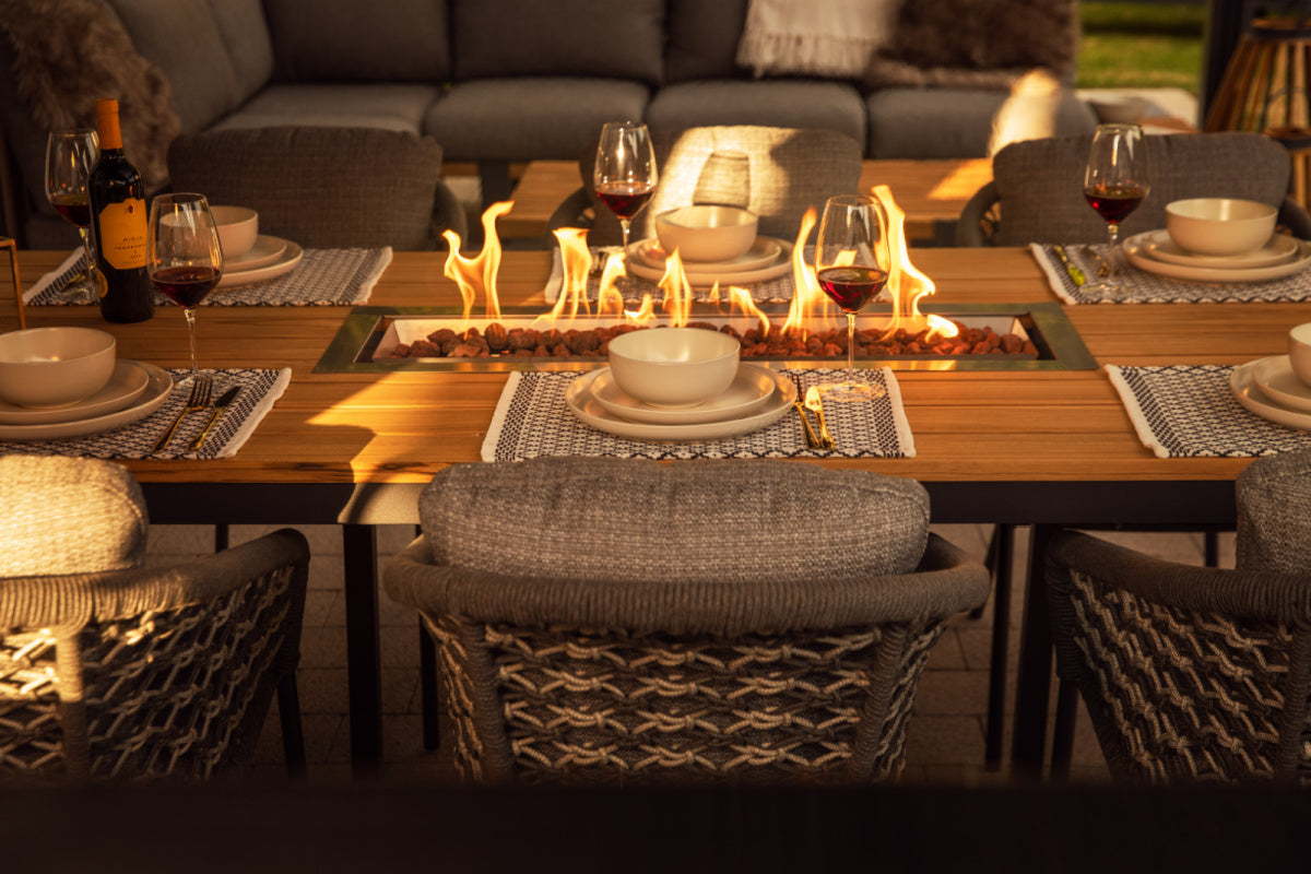 Suns Lifestyle- Monte Vari Nappa Firepit Dining Set — Gardens Of