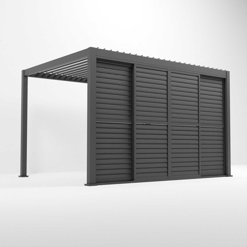 Gray aluminium pergola with horizontal slats on a white background