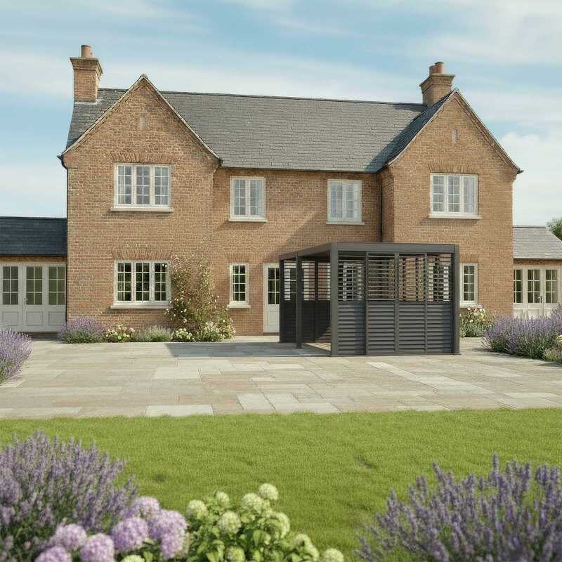 Brick house with a modern pergola and garden