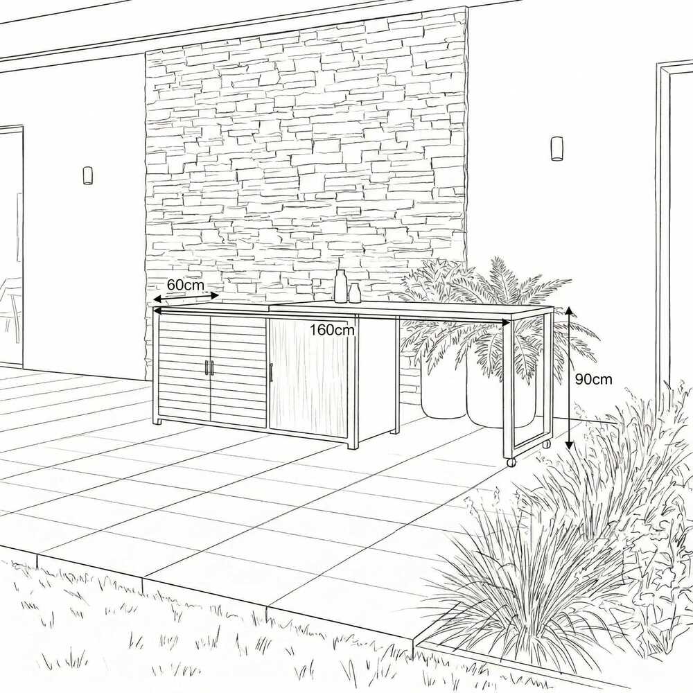 Sketch drawing with measurements of the outdoor kitchen storage unit