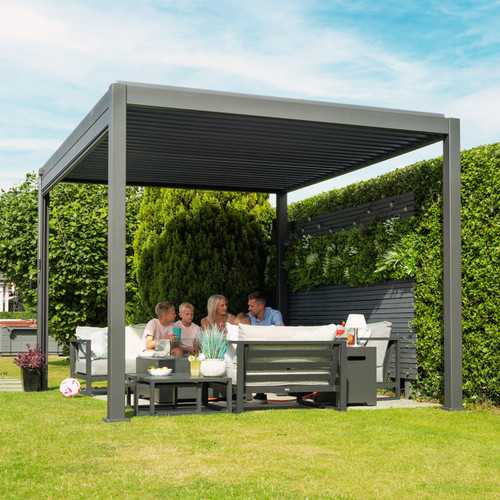 Nova Titan 3 x 4 in established garden with a family relaxing underneath on a corner sofa