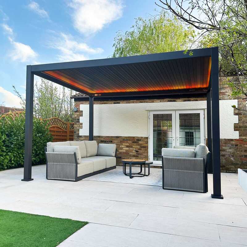 Aluminium Pergola with roof slats closed and LED Lighting on Orange Colour. IN daylight on a patio area standing just outside of patio doors