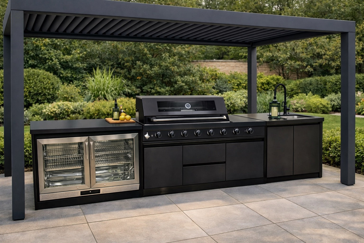 Nova Assado Plus Outdoor Kitchen in daytime under pergola on landscaped patio