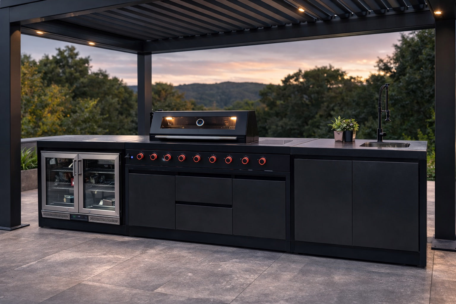 Nova Assado Plus Outdoor Kitchen under pergola on landscaped patio with a view