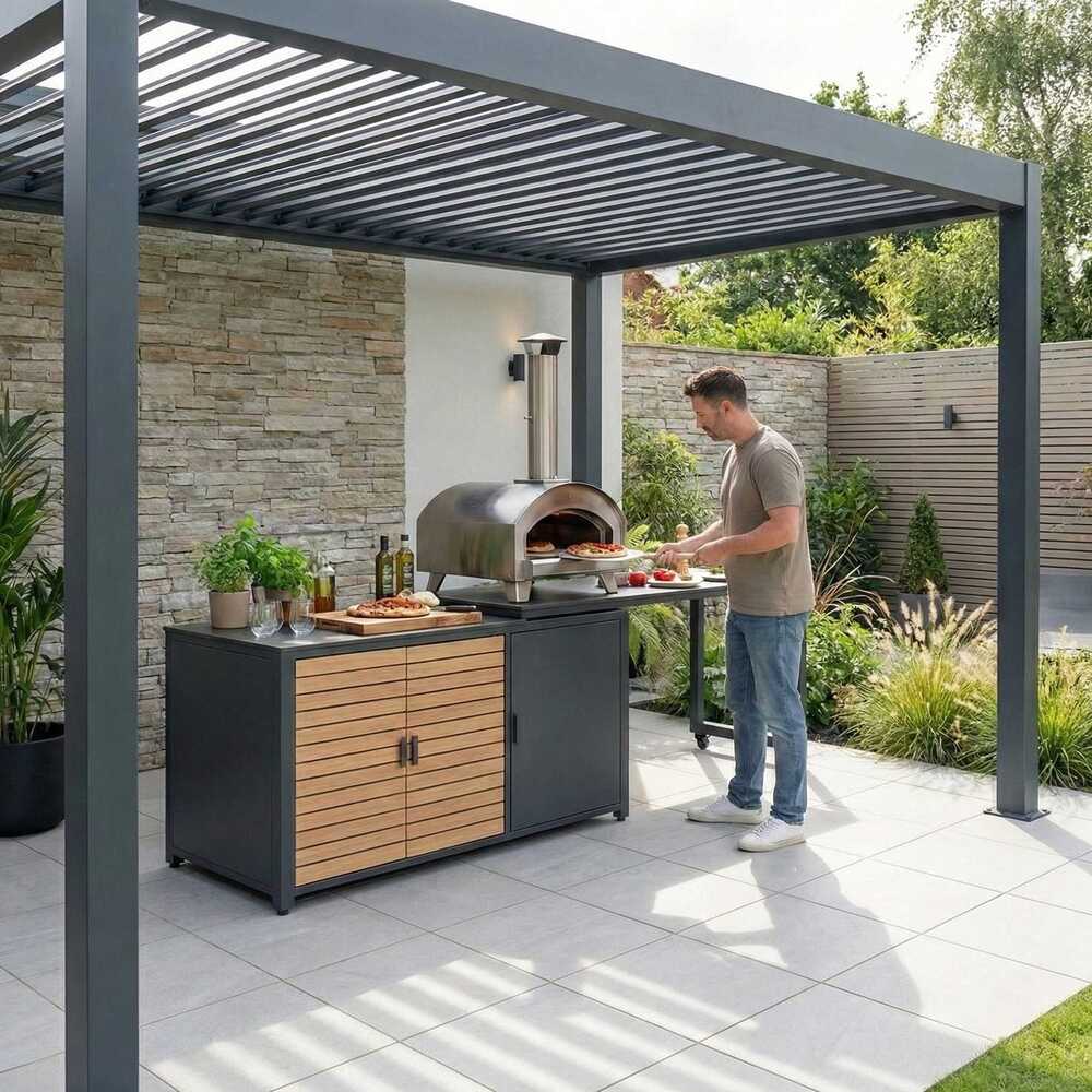 Flexible Outdoor Kitchen Storage in Aluminium with Wood Effect Doors