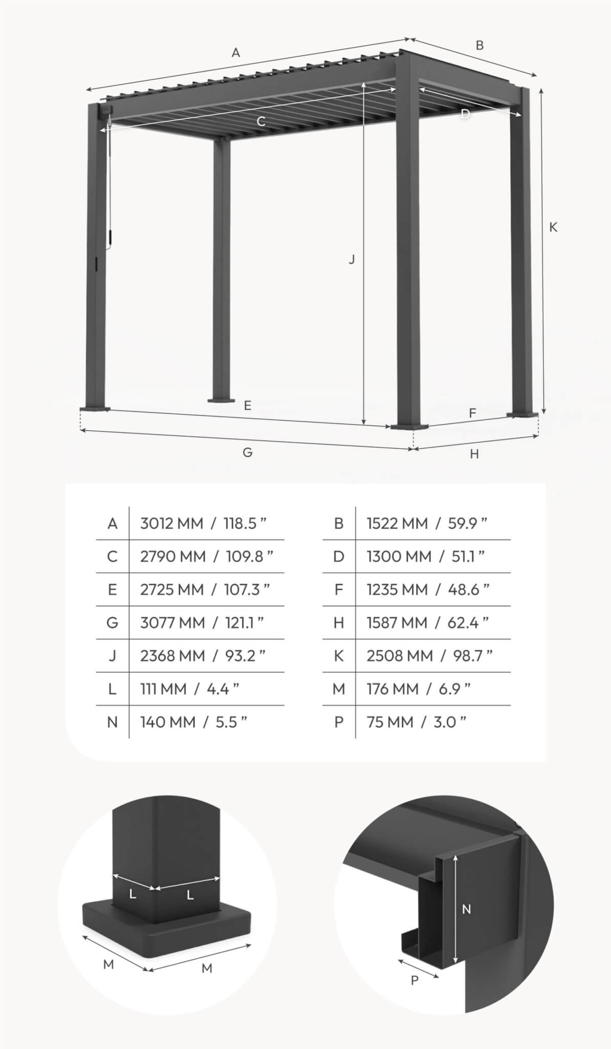 Aluminium BBQ shelter - Nova Titan Dimensions