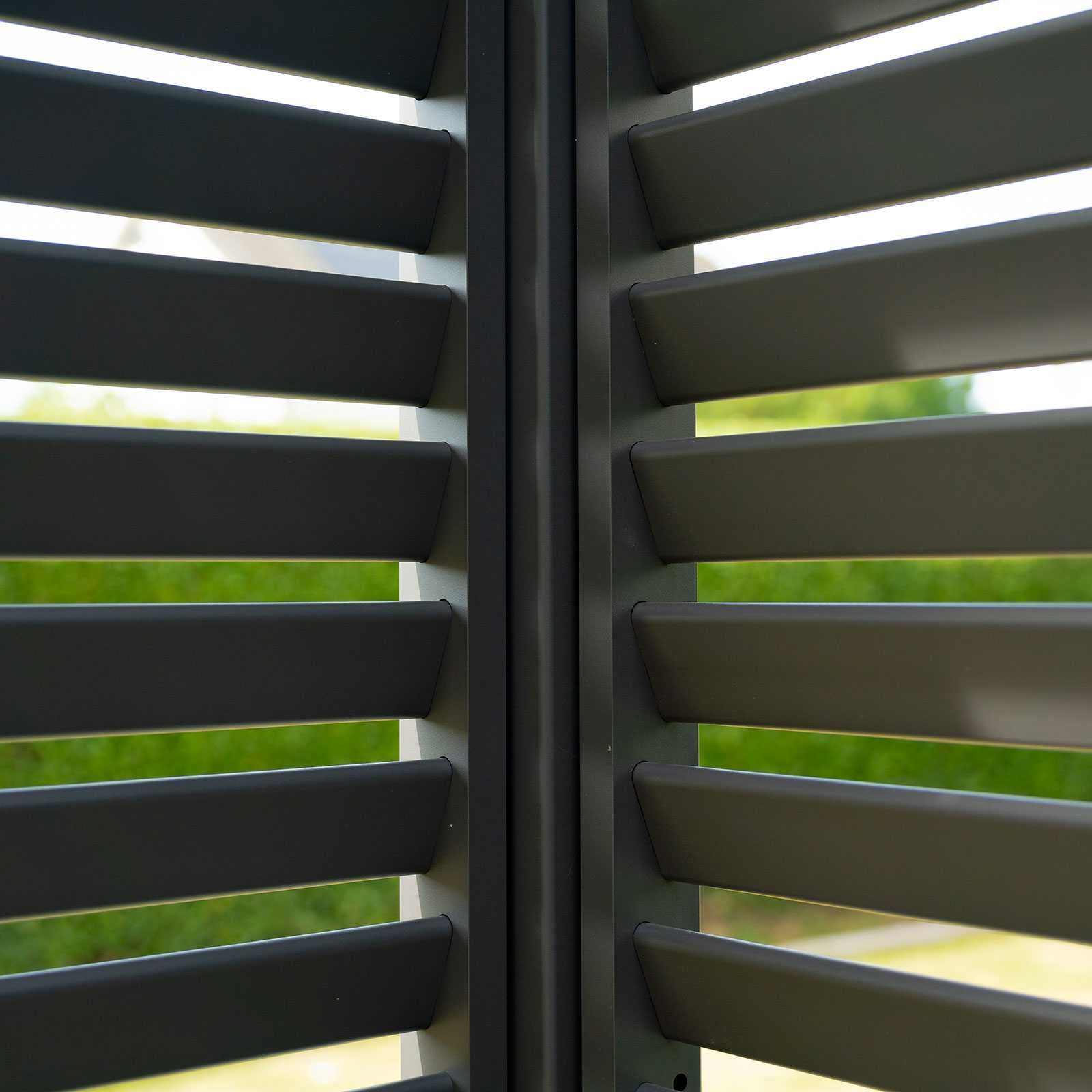 Nova Titan Aluminium Fixed Louvre Panel Pebble in Grey close up of inside of pergola