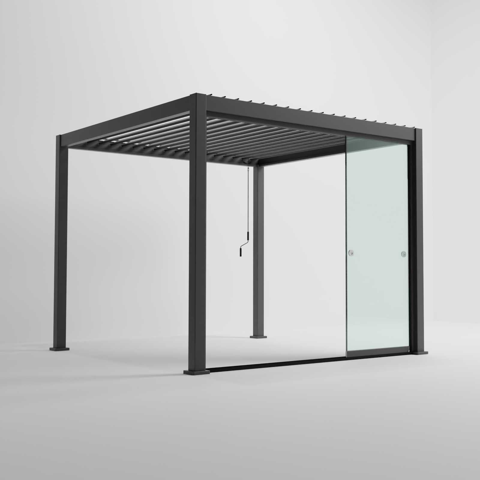 Nova Titan Clear Glass Sliding Doors in Grey with white background and doors open