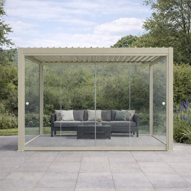 Nova Titan Aluminium Pergola in Pebble with Glass Sliding Doors on landscaped patio