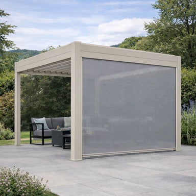 Nova Titan Privacy Pull Down Screen in Pebble featured on landscaped patio