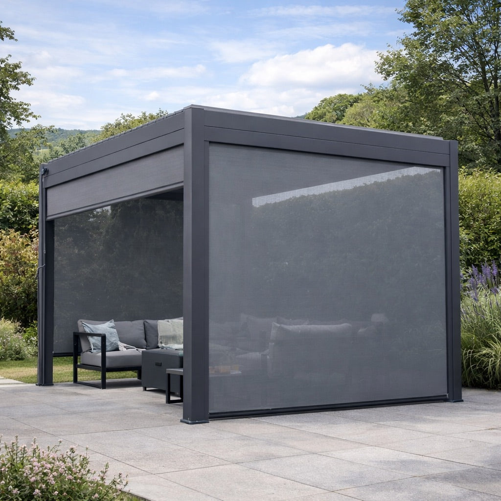 Nova Titan Privacy Pull Down Screen in Grey featured on landscaped patio