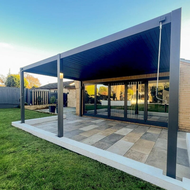 Rota Louvered Pergola by Suns Lifestyle- Above Bifold Doors 3.6 x 5.3m