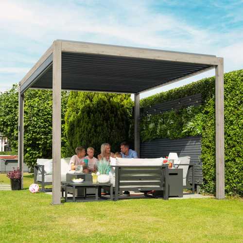 Wood Look 4 Post pergola - Family of 4 chatting underneath on a corner sofa set