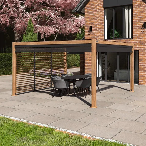 Maze Como -Aluminium Garden Pergola with 3 Drop Sides & 4m Louvre Wall - Grey