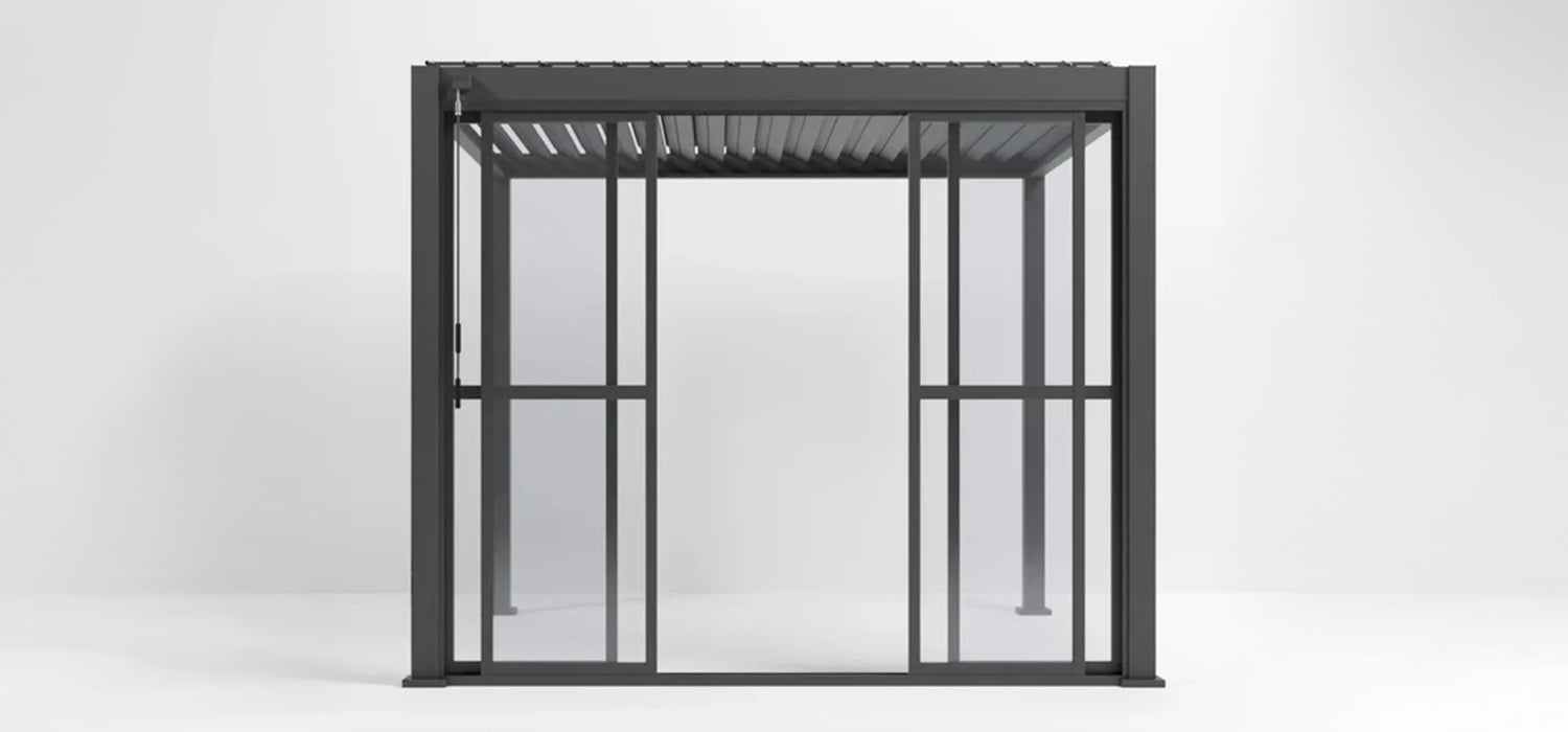 Grey aluminium frame with glass panels on a white background