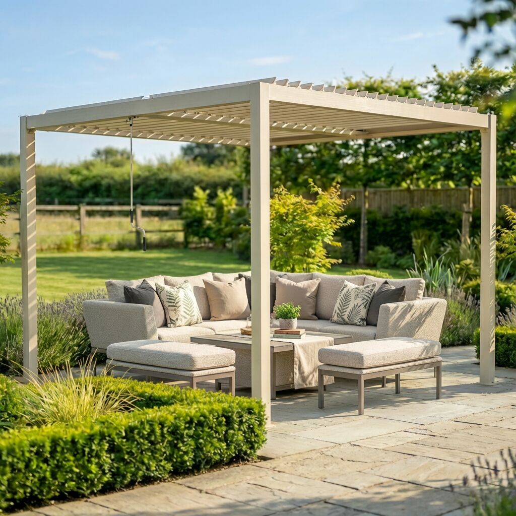 Maze Como 3 x 3m front corning facing view with lounge set in summer