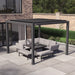 Maze Jupiter, 3x3m lifestyle view on patio with open louvre roof and lounge set