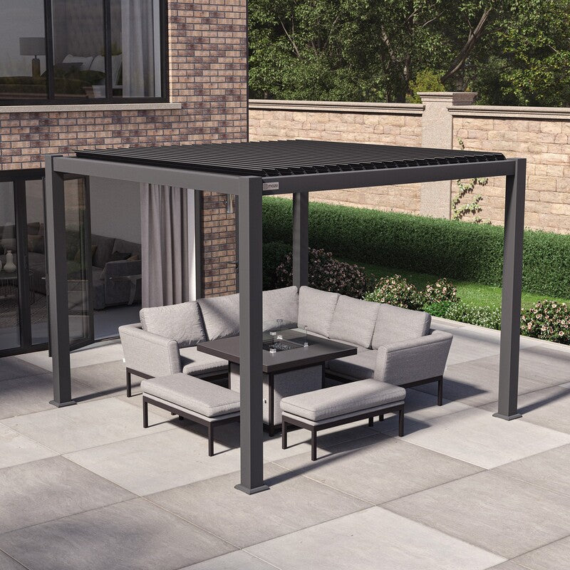 Maze Jupiter, 3x3m lifestyle view on patio with open louvre roof and lounge set
