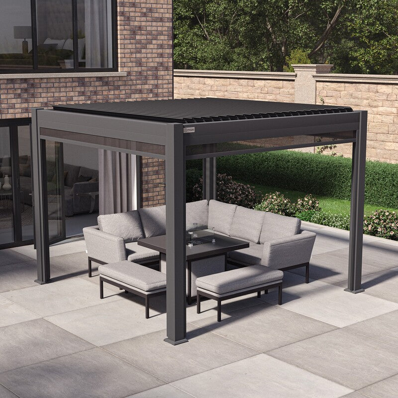Maze Jupiter, 3x3m top down angle of pergola with installed blinds fully open
