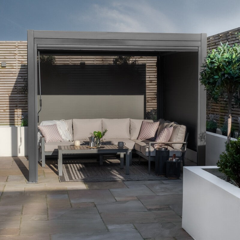 Maze Jupiter, 3x3m lifestyle view with open blinds and lounge set