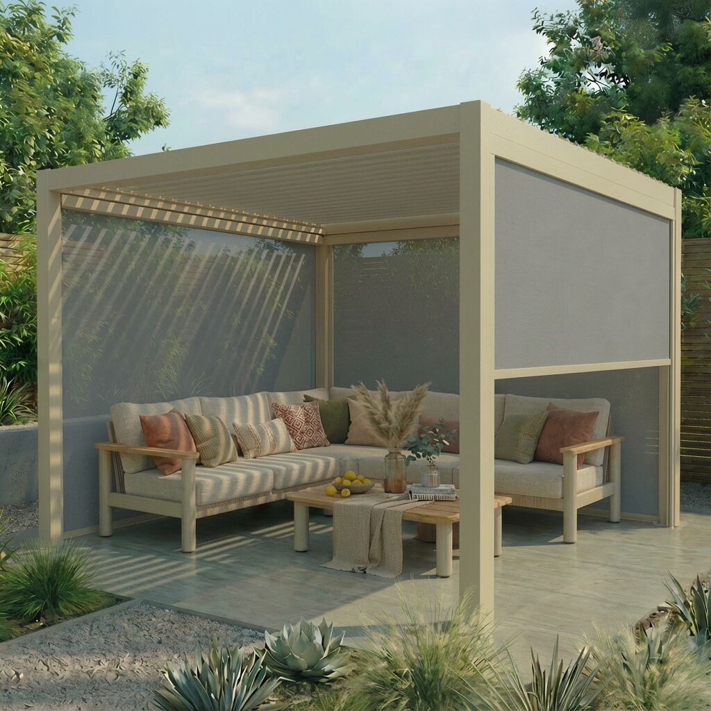 Maze Jupiter, 3x3m lifestyle view with three blinds installed and partially closed
