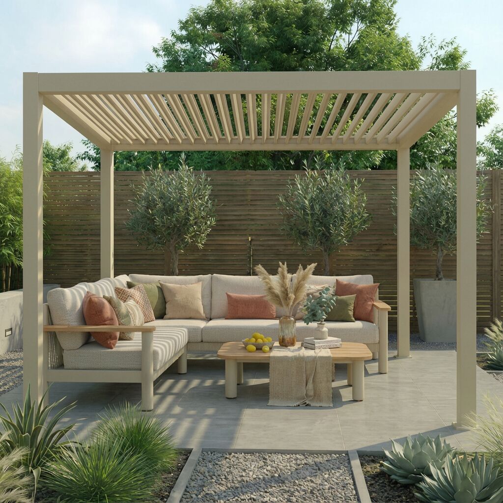 Maze Jupiter, 3x3m summer view with lounge set and open louvre roof